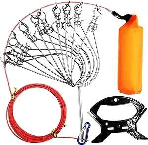 OXDFNZU Fishing Stringer Live Fish Lock, Stainless Steel Fish Stringer Clip, Big Fish Wire Rope Cable with Float and Plastic Handle, Fishing Holder Kit with High Strength 10 Snaps/Buckles